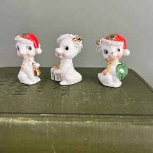 Vintage Reindeer Trio Bone China Taiwan Christmas Figurines Spaghetti Trim